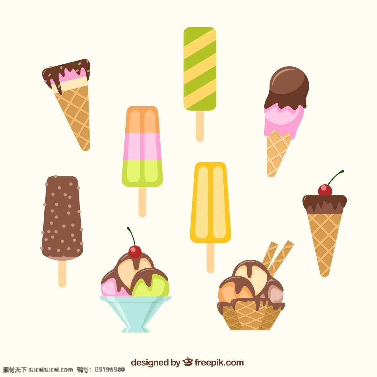 冰淇淋背景 夏天 巧克力 奶油 水果 可爱 多彩 冷冻 美味 收集