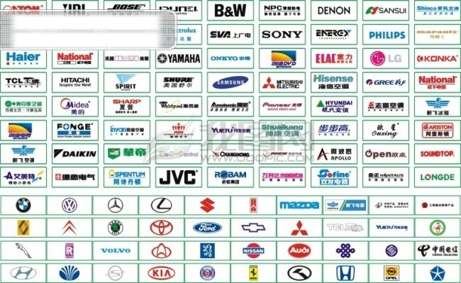 电器 车 标 大全 cdr格式 电器商标 联通 手机标志 银行 中国电信 各类汽车标志 矢量图 其他矢量图