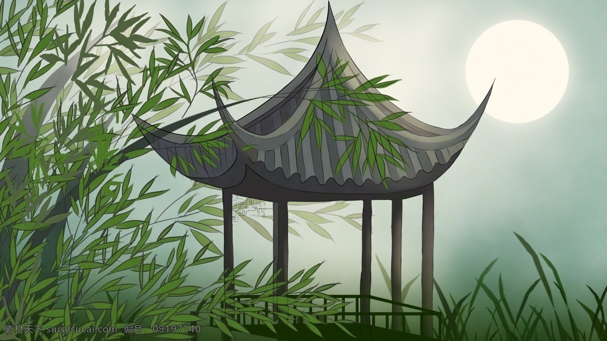 原创 手绘 插画 古风 建筑 黑夜 竹林 里 一座 凉亭 亭子 竹子 月亮 草 竹叶 原创手绘插画 雾气 月光