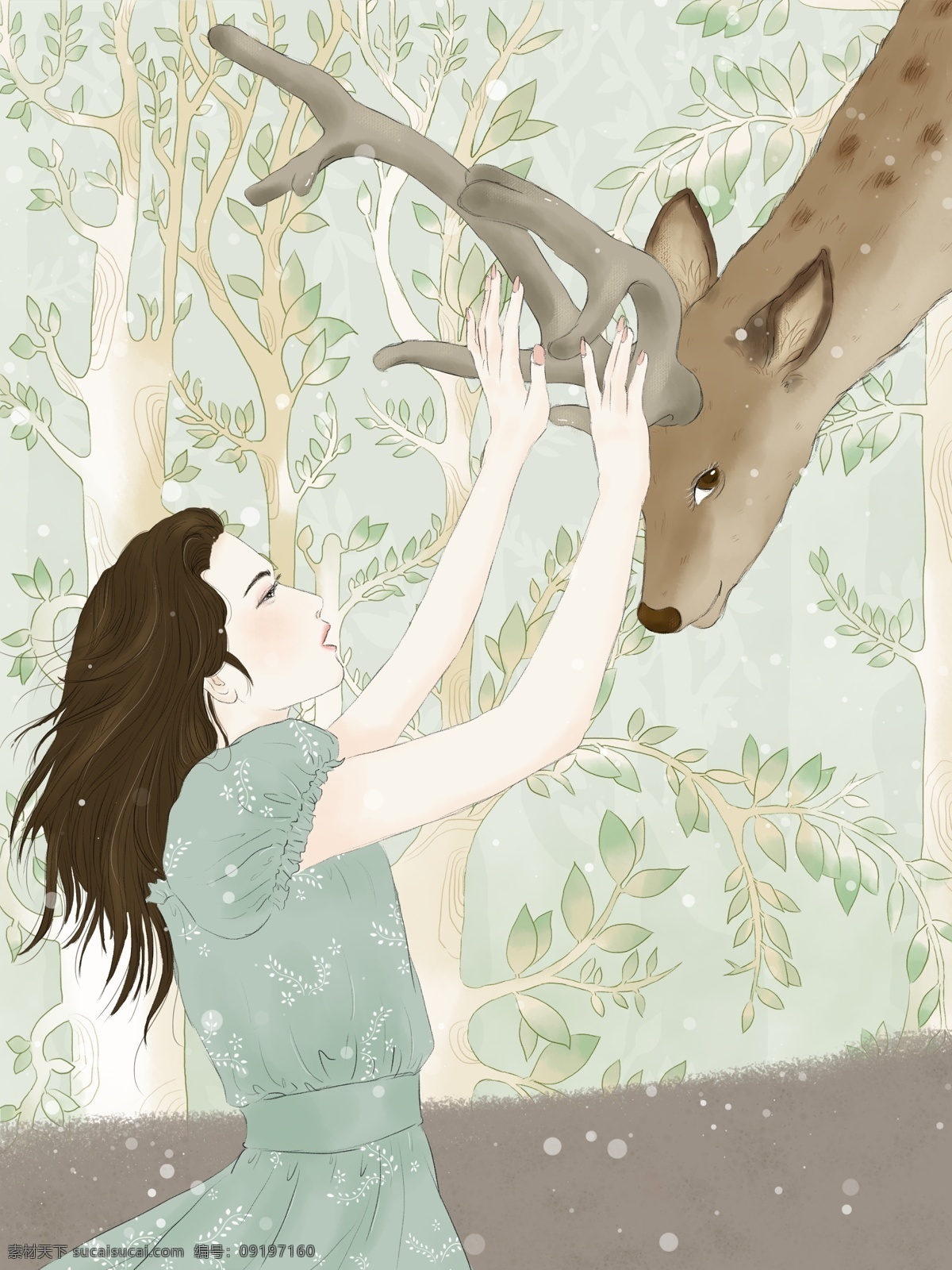 森林 中 少女 鹿 手绘 插画 小清新 树林 绿色 治愈 写实 线描 水彩