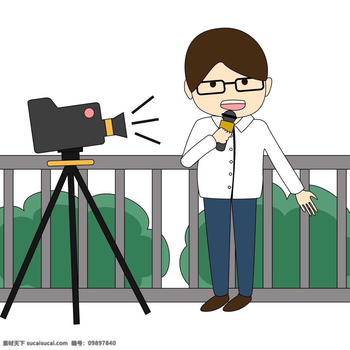 卡通 简约 小清 新新 闻 男 记者 街头 采访 人物 形象 白色衬衫 话筒 蓝色 摄像机