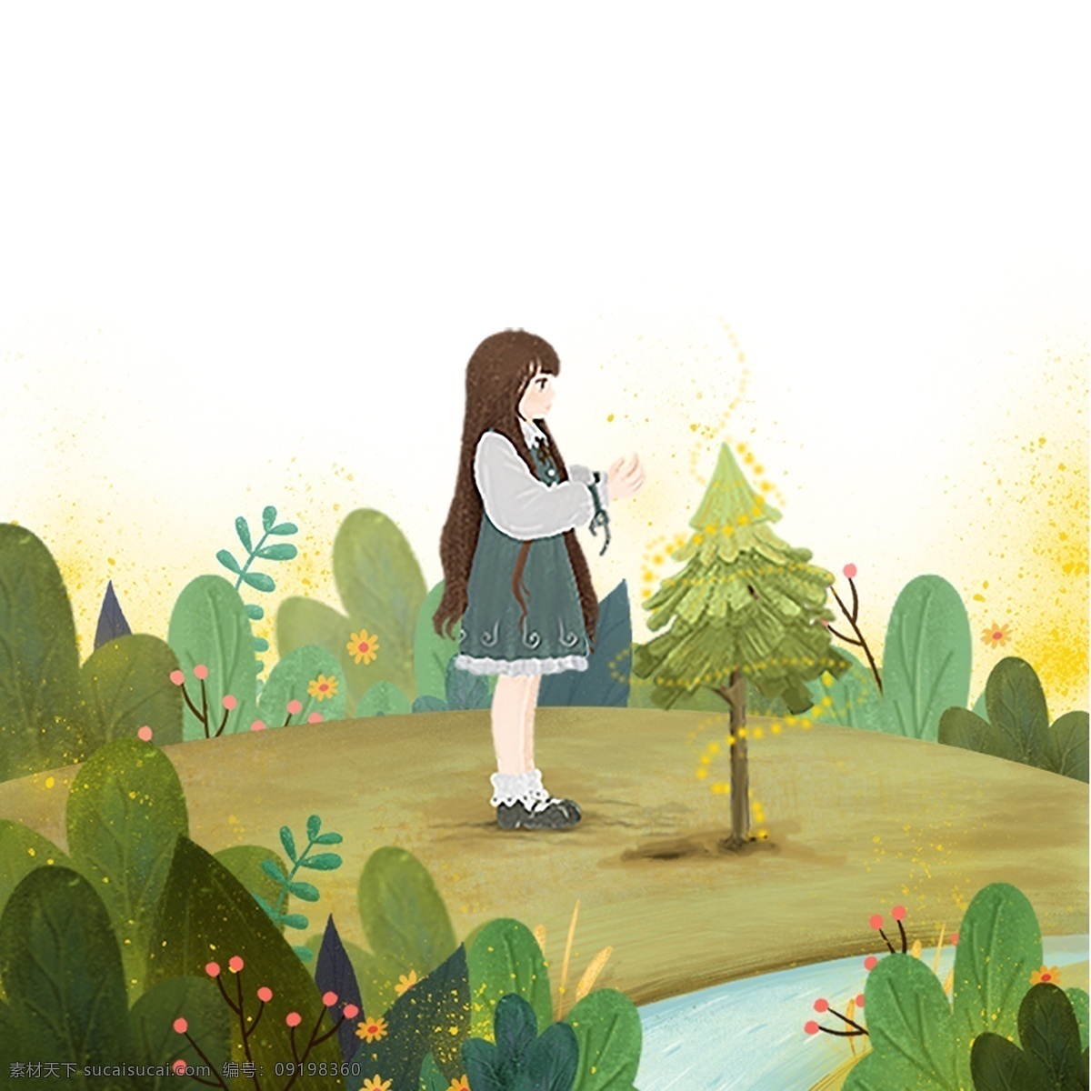 绿色 田野 女孩 元素 创意 风景 景色 植物 大树 保护环境 灌木 纹理 生长 长发 美女 裙子