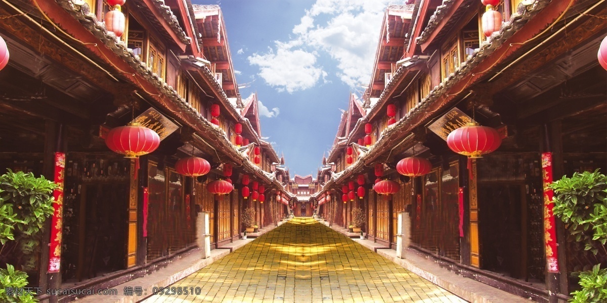 大街景唱戏 古建筑 大街景背景 楼阁 红灯笼 舞台背景 唱戏舞台 红楼 木楼房 面边 对称 分层