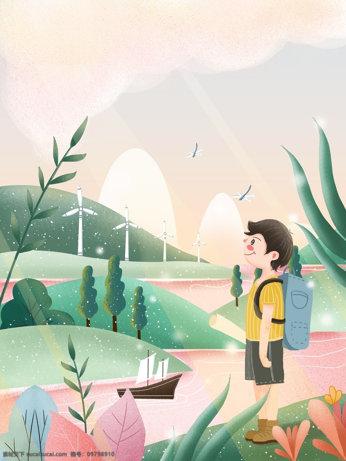唯美 肌理 春天 插画 男孩 背景 创意 彩绘 背景设计 渐变