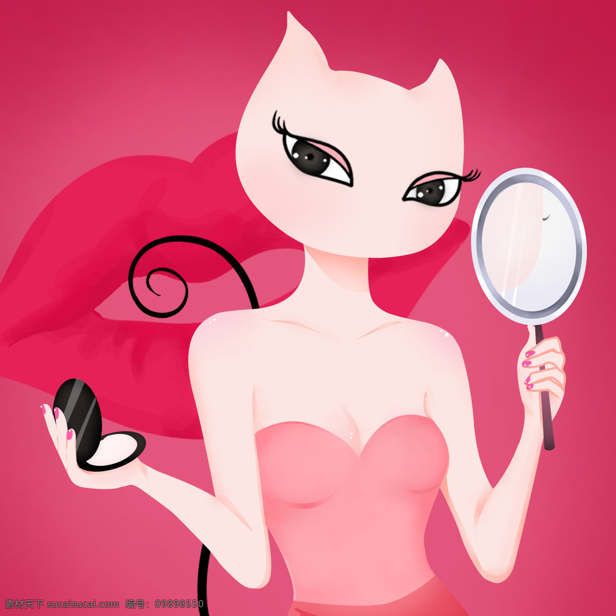 猫 年华 原创 女郎 密语 红唇 系列 镜子 猫女郎 品牌 插画 红色