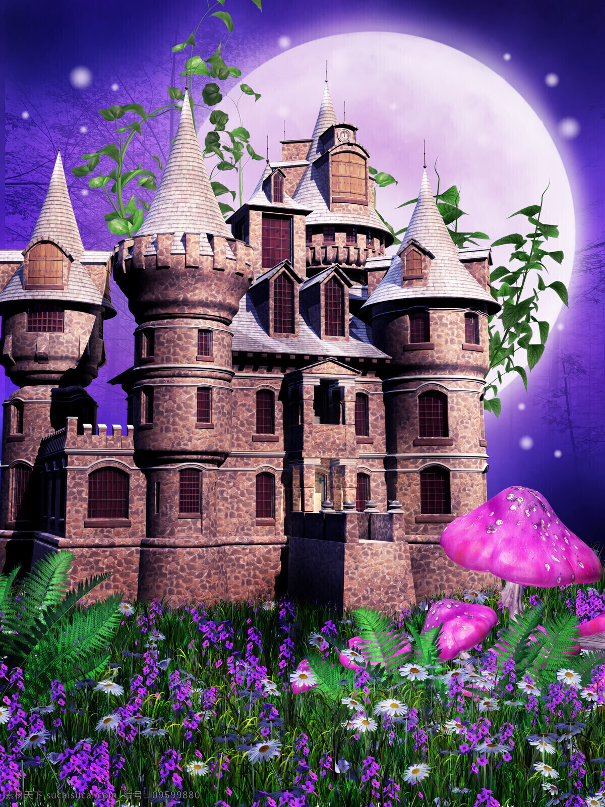 美丽 城堡 风景 城堡风景 蘑菇 月亮 月色 鲜花草地 花朵 梦幻景色 梦境 美丽风景 梦幻背景 城堡图片 风景图片