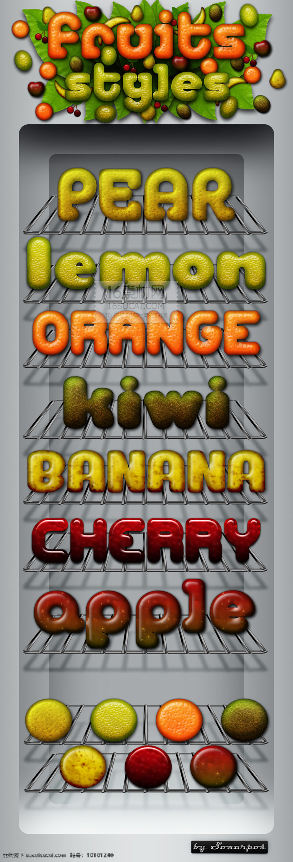 可爱 水果 字体 梨 橙子 苹果 樱桃 香蕉 奇异 果 字体设计 英文 艺术字 灰色
