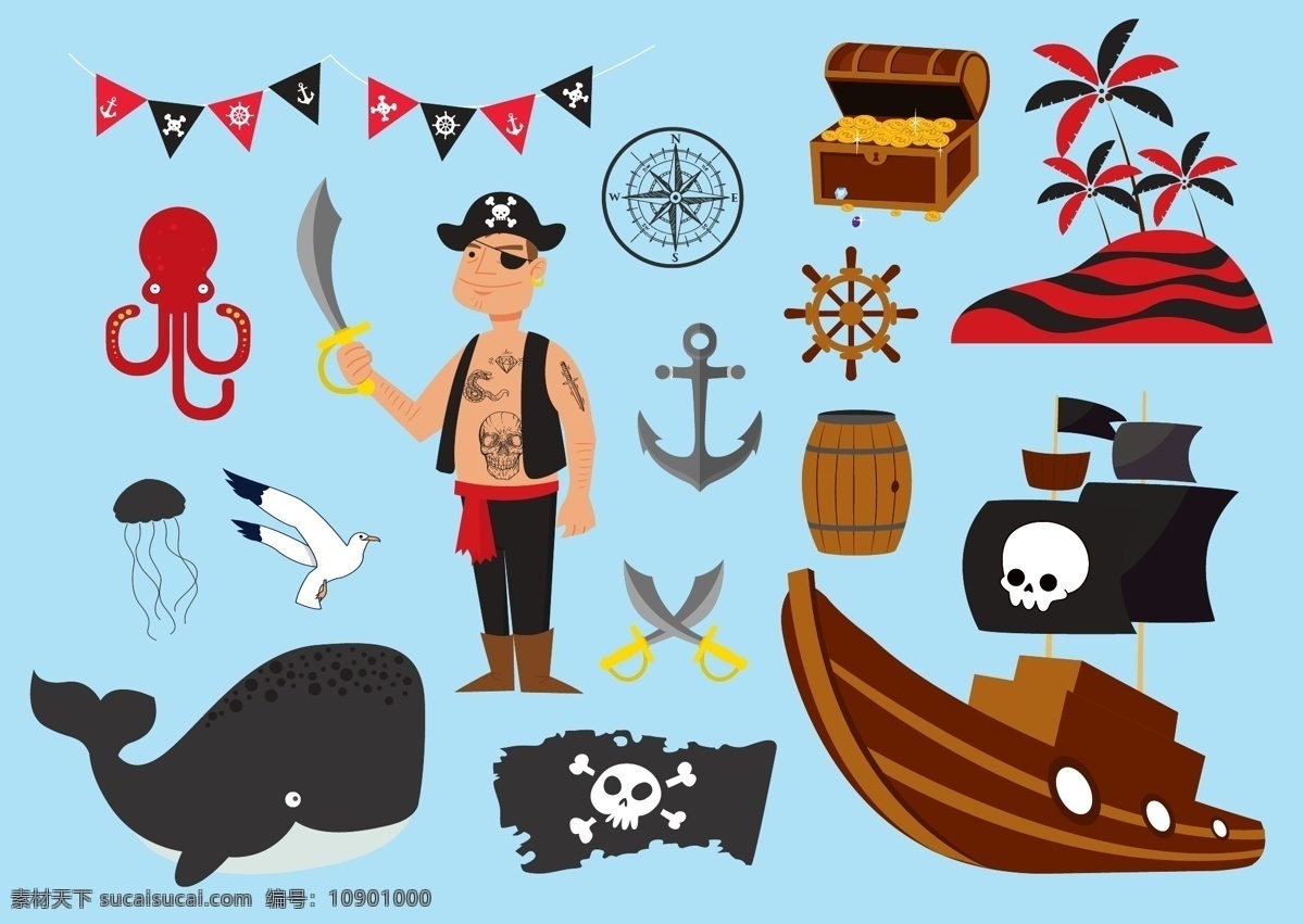 航海元素 海盗元素 鲸鱼 海盗船 海盗船长 章鱼 海岛 罗盘 海鸥 海盗旗帜 动漫动画