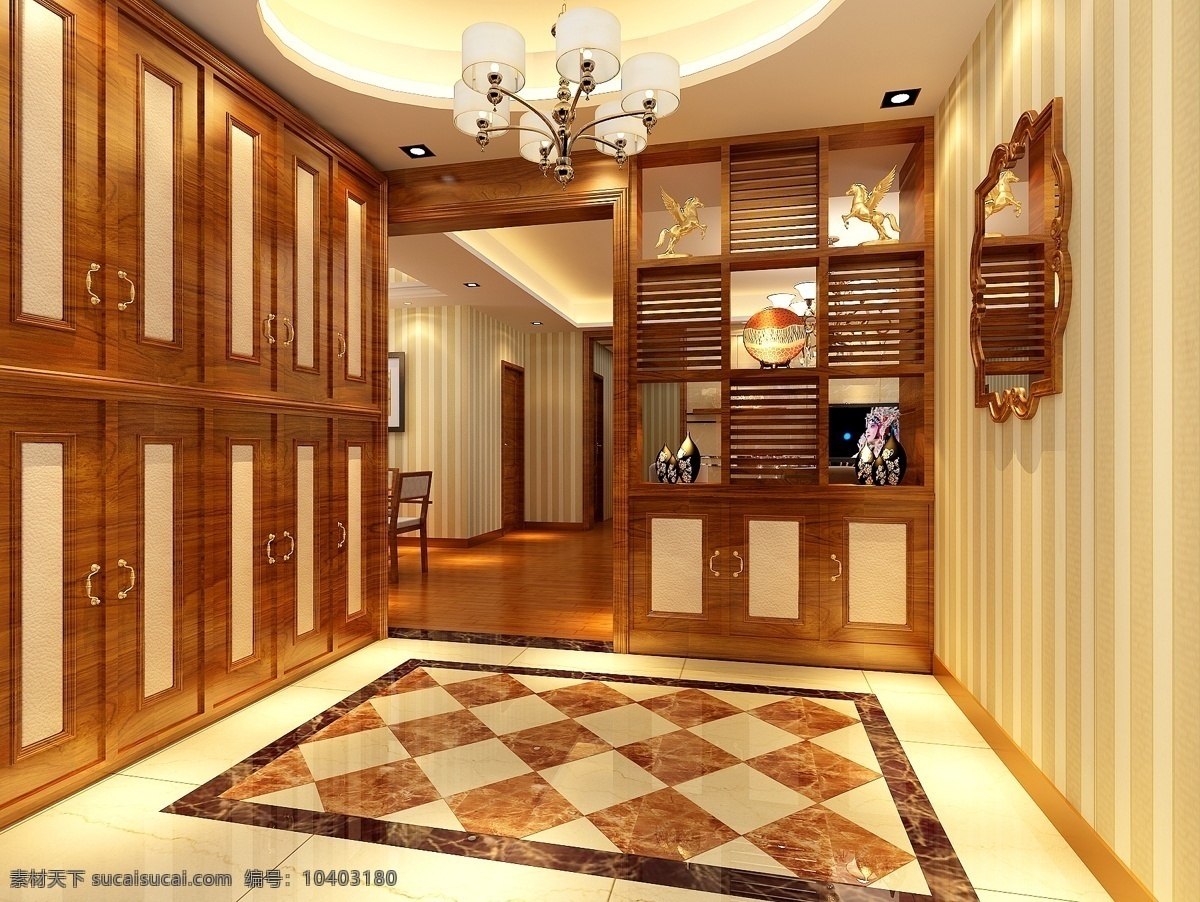 古典 中式 装修 效果 地板 菱形 灯池 3d模型素材 室内场景模型