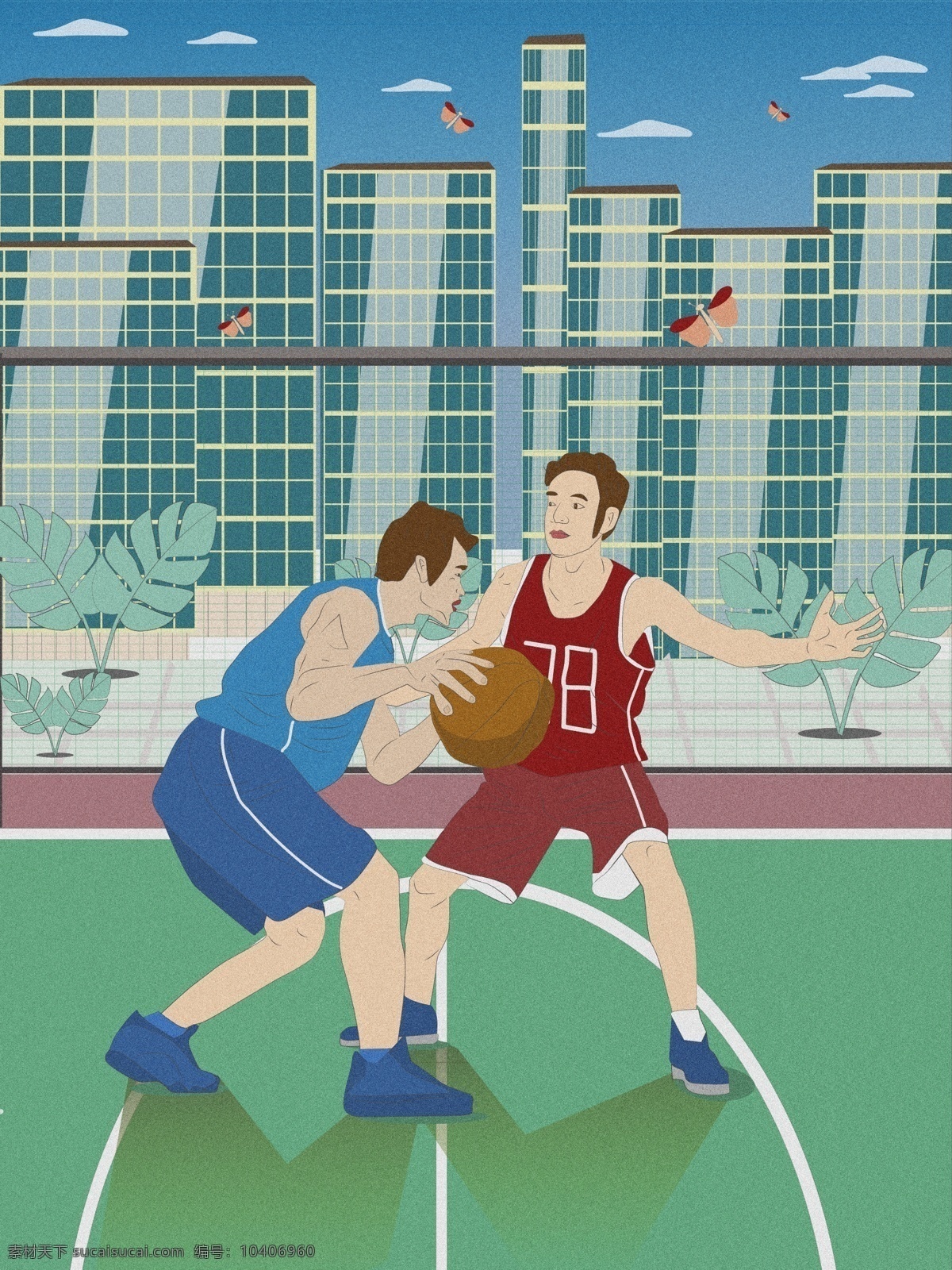 两 运动员 相互 练习 篮球 扁平 风 插画 男人 植物 建筑 比赛 打篮球