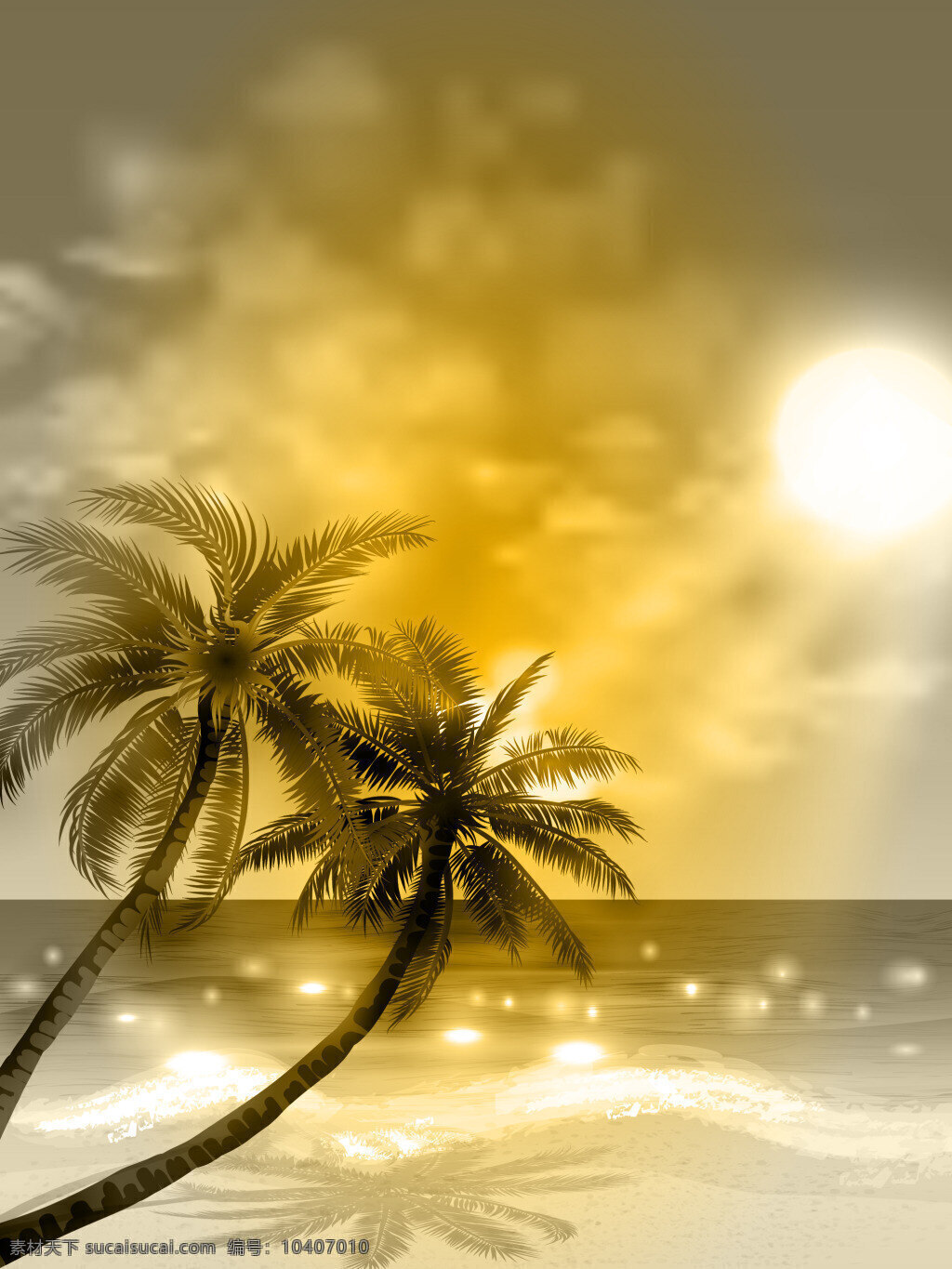 矢量 梦幻 金色 黄昏 椰树 海岛 背景 风景 沙滩 旅游 海边 度假 夏日 海报