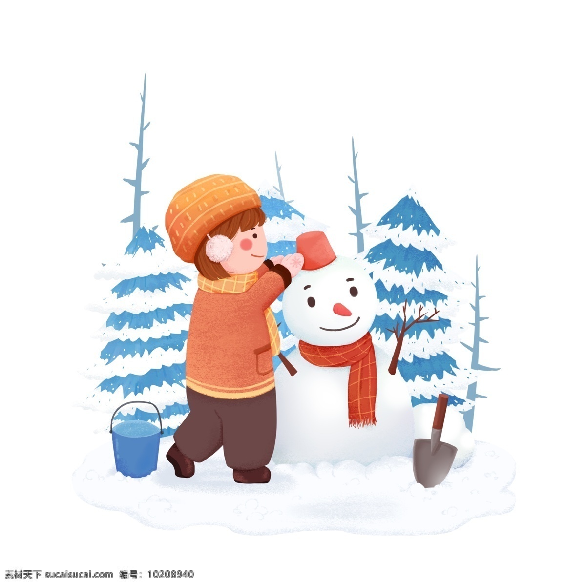 二十四节气 大雪 女孩 堆 雪人 树林 手绘 插画 元素 冬季 堆雪人 节气 开屏 海报元素 雪