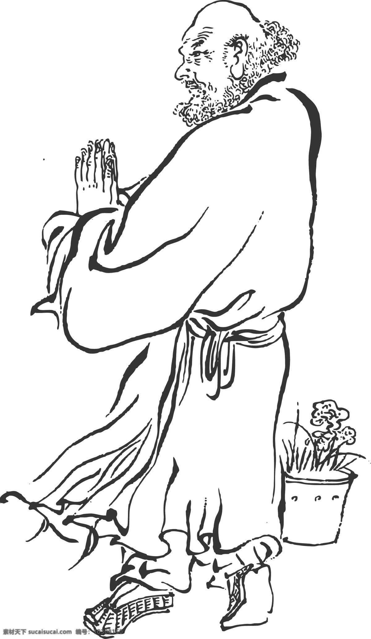 莲花罗汉 人物 盆栽 站立 线条 矢量 传统 民俗 装饰 插画 白描 罗汉白描图 文化艺术 宗教信仰
