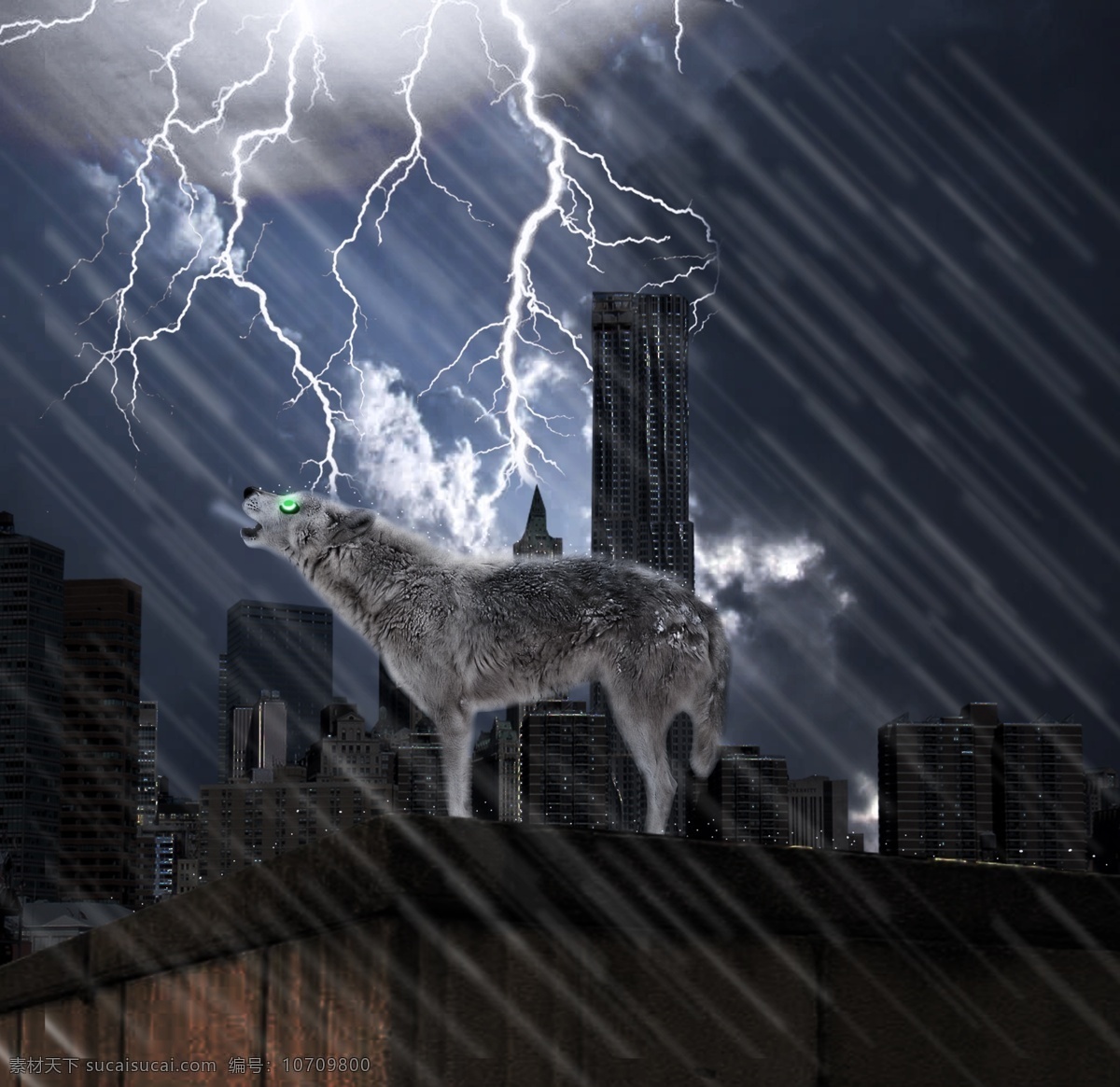 狼来了 绿眼狼 狂风暴雨 雷光闪电 黑色的天空 世界末日 高楼大厦 创意设计 广告设计模板 源文件