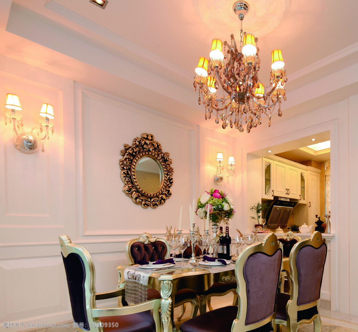 欧式 餐厅 壁灯 装修 效果图 壁画 长方形餐桌 个性吊灯 桌椅