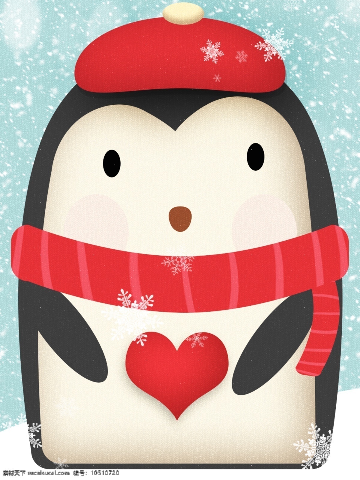 纯 原创 手绘 可爱 扁平化 红色 冬季 企鹅 背景 可爱背景 可爱企鹅 冬天背景 雪花背景 红色围巾