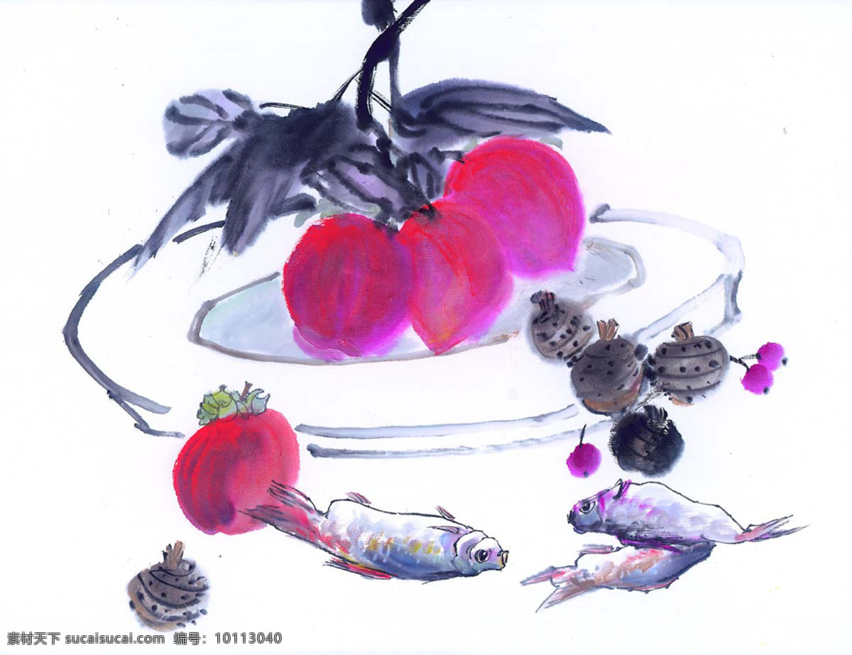 caps0343 彩绘素材 国画 海鲜 篮子 蘑菇 食材 食物 水墨 鱼类 彩绘食材 水彩食材 彩绘 彩绘作品 彩绘元素 盘子 白色