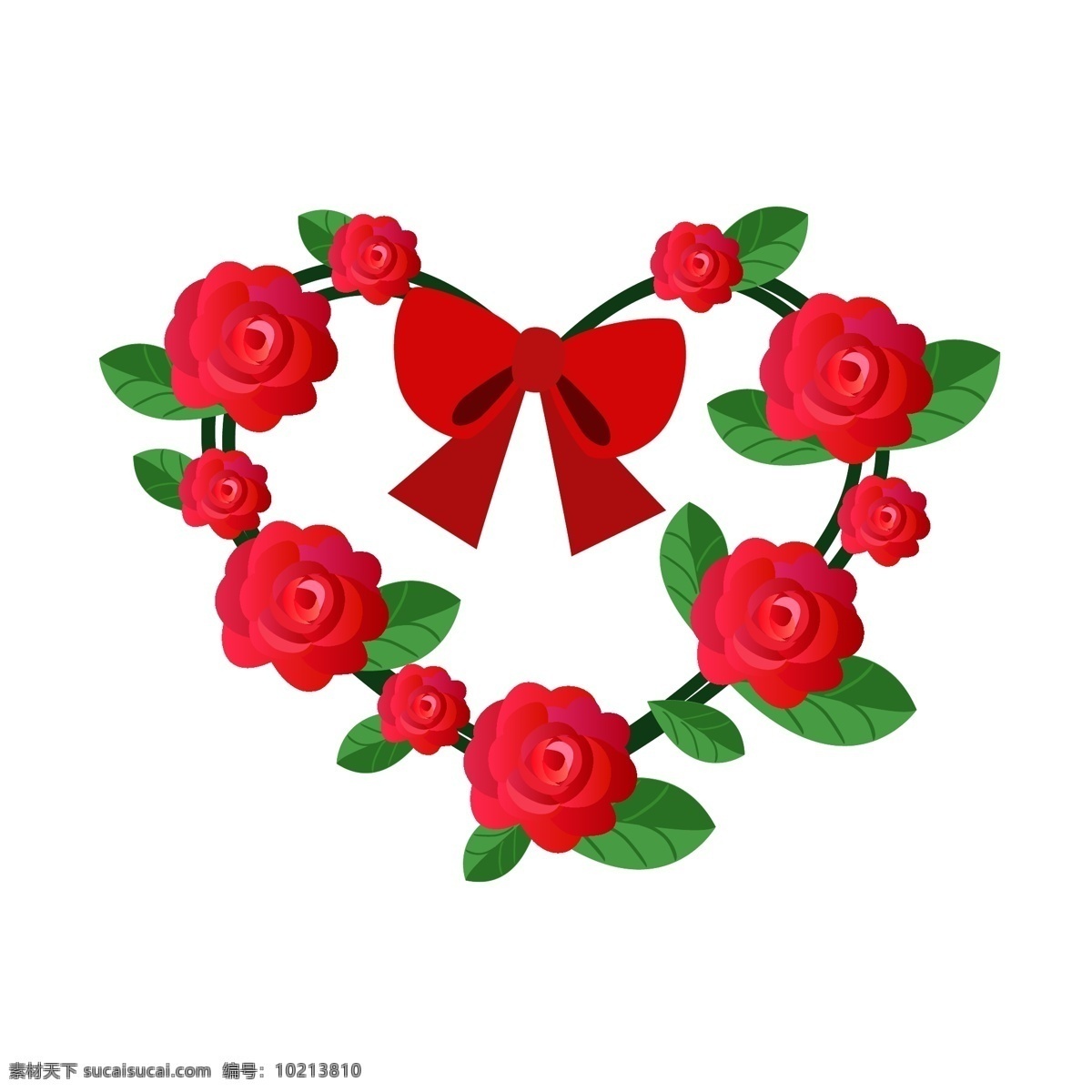 矢量 手绘 红色 花朵 红色的蝴蝶结 绿色的叶子 心形的花束 免 扣 心形 花束