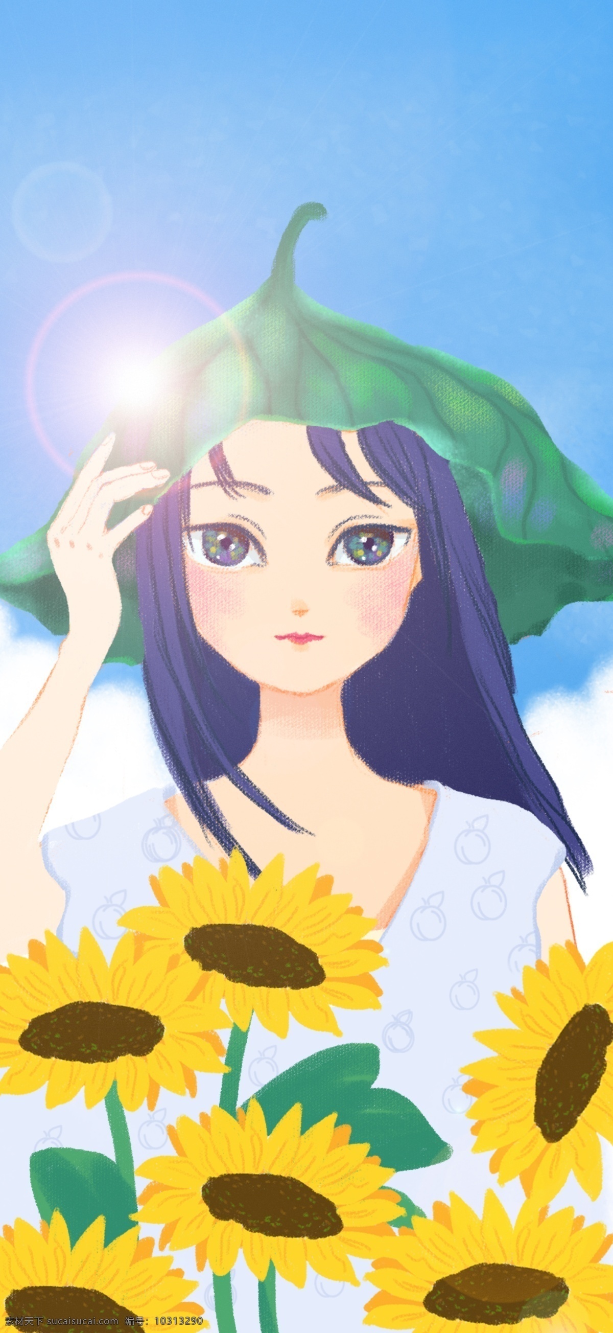 夏季 插画 向日葵 女孩 夏日 节日 日光 暑期 节气 小暑 大暑 处暑 荷叶 戴荷叶的女孩