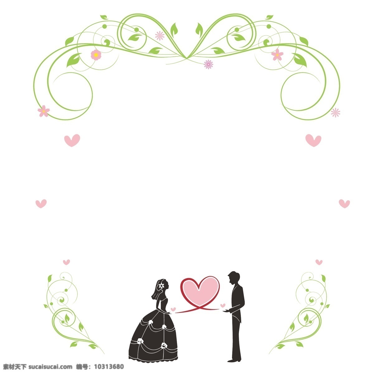 情人节 婚礼 新人 爱情 剪影 花朵 藤蔓 可爱 边框 矢量 结婚 爱 爱心 桃心 幸福 浪漫 绿叶 绿植 春花 春天 婚纱 樱花 粉色花 粉色 绿色 新娘 誓言 一见钟情