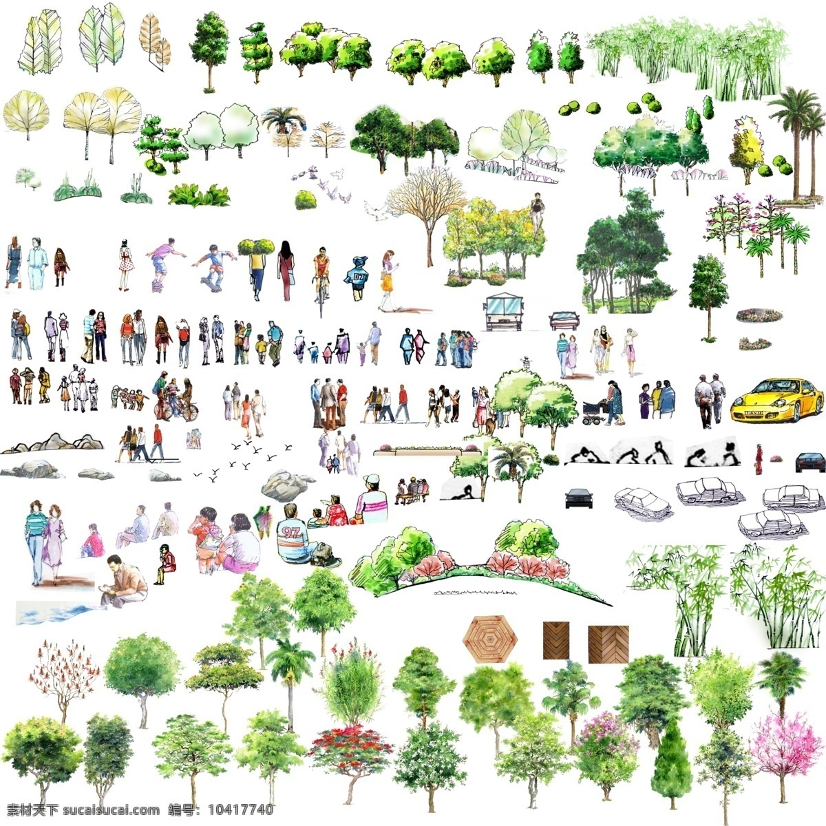 手绘植物人物 手绘 园林 植物立面 人物效果 园林设计 环境设计 源文件
