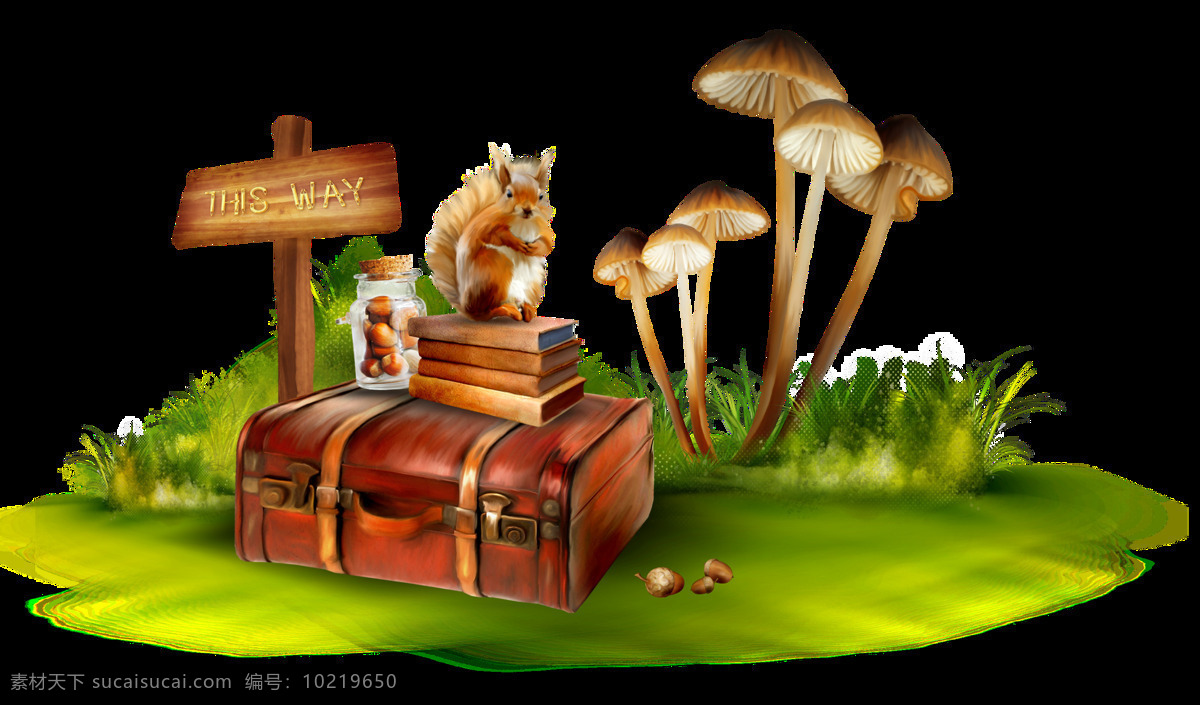 手绘 草丛 宝藏 箱子 透明 卡通 木头 蘑菇 牌子 透明素材 免扣素材 装饰图片