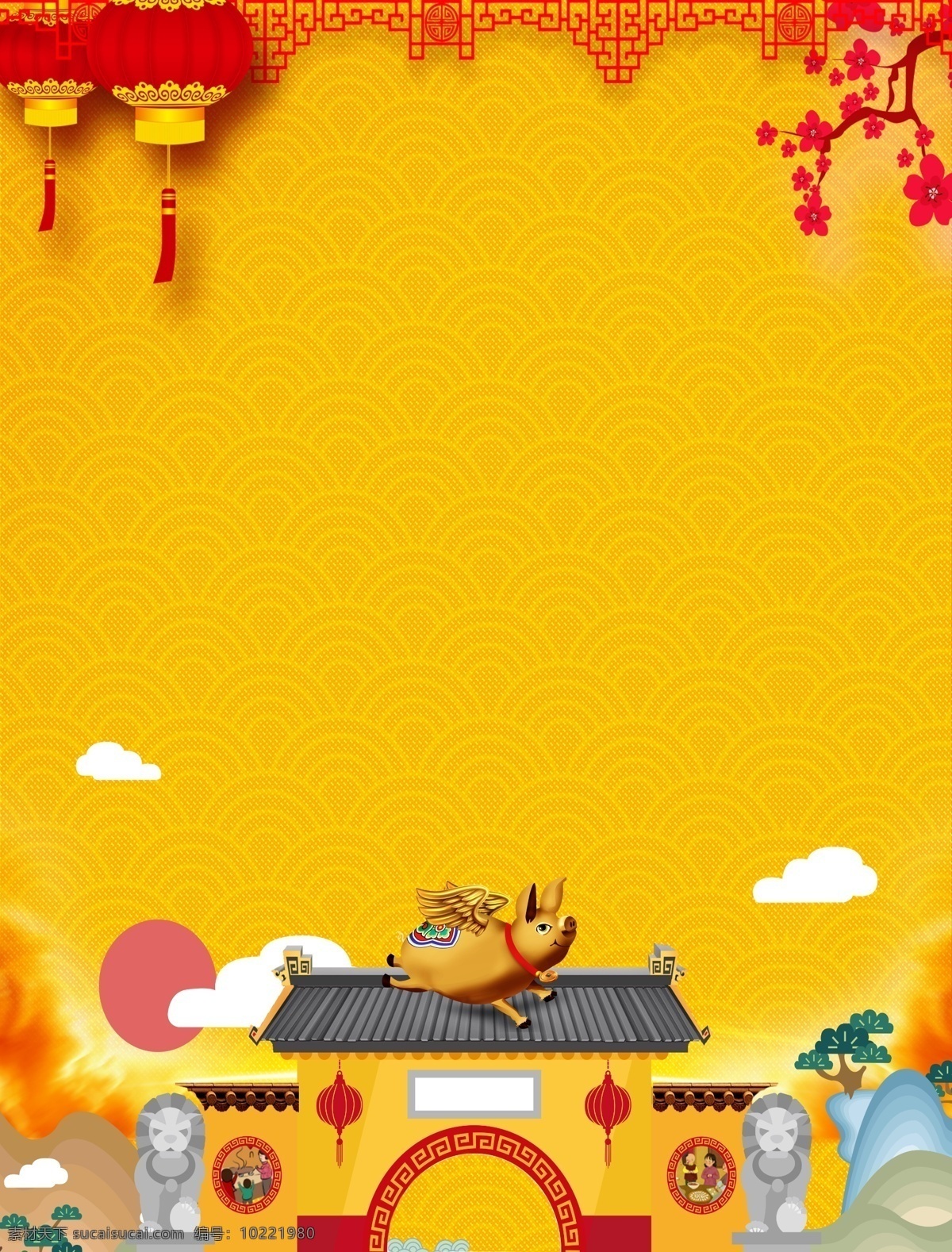 传统 新年 喜庆 门 头 背景 喜庆背景 新春背景 门前 房屋 猪年 年货节背景 psd背景 灯笼 花枝