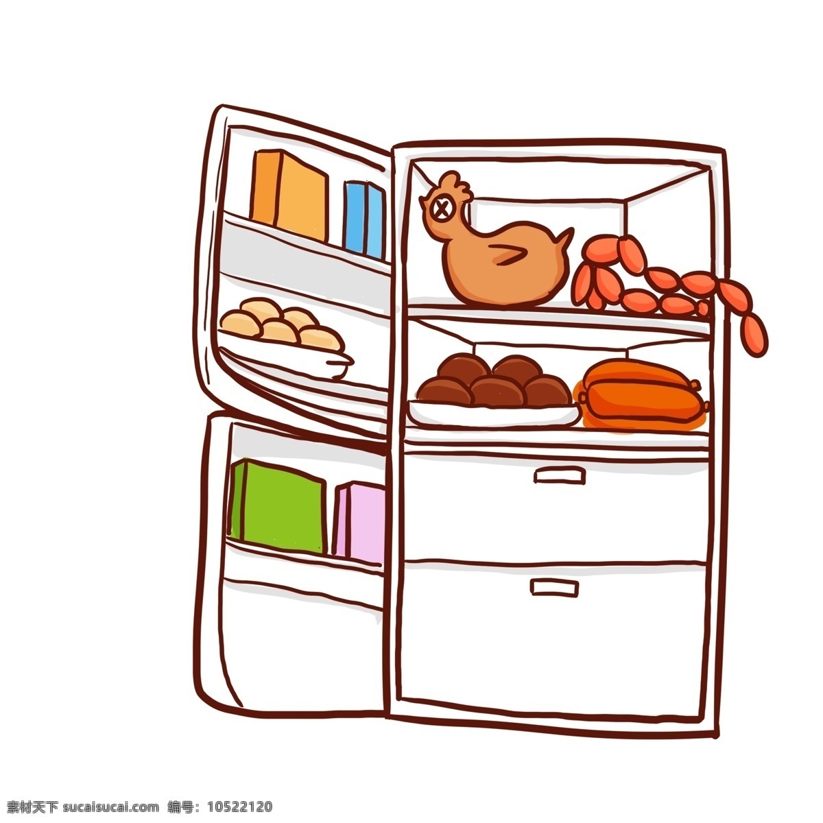彩绘 冰箱 里 丰富 食 材 插画 彩色 食材 家居 漫画设计