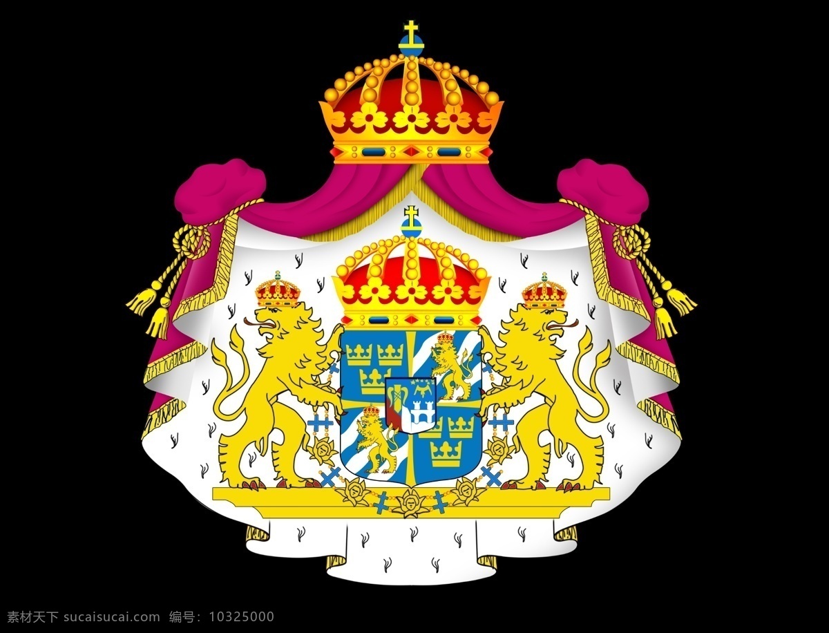 国徽 瑞典 瑞典国徽 瑞典文化 狮子 皇冠 皇家 帝王 政府 徽章 勋章 绸布 狮王 标志设计 广告设计模板 源文件