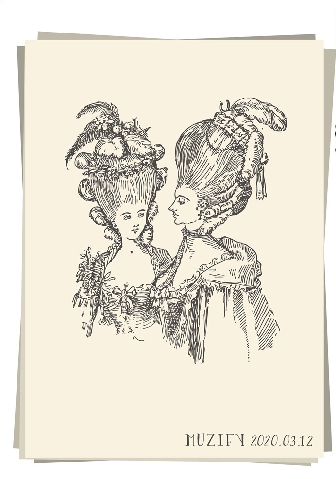 洛可可风 贵妇半身像 洛可可风格 高发型 贵族女子 半身像 素描画 手绘稿 人物图库 女性妇女