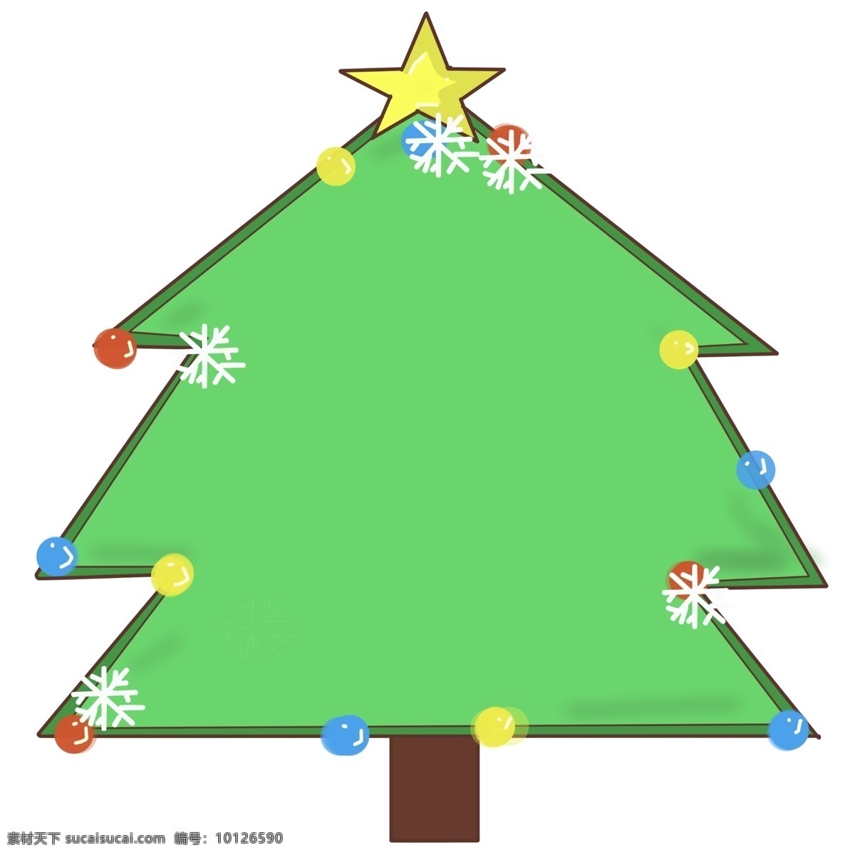 圣诞节 圣诞树 边框 插画 绿色 黄色的五角星 白色的雪花 彩色 圣诞球