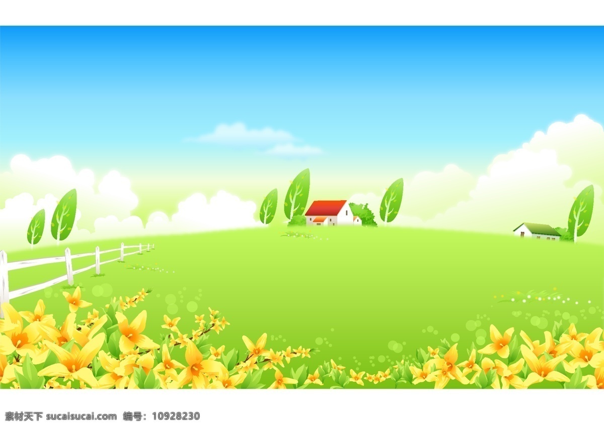 卡通 风景 背景 草地 动漫素材 房屋 花朵 蓝天白云 矢量素材 树 矢量图 其他矢量图