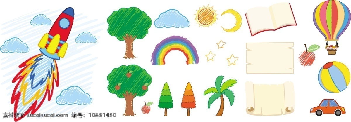 针对 不同 对象 涂鸦 背景 树 车 书 纸 太阳 艺术 彩虹 月亮 星星 白色背景 图形 气球 苹果 火箭 绘画 白色 球