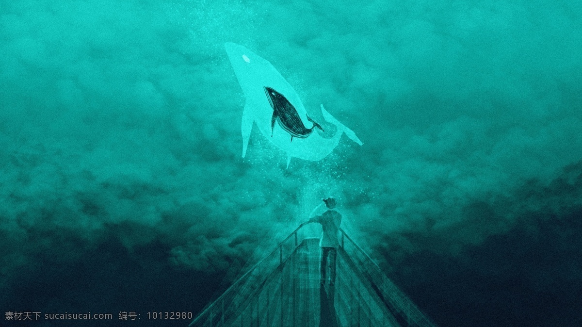 鲸 跃 云海 原创 插画 鲸鱼 奇幻 冒险 壁纸 船头 治愈 配图