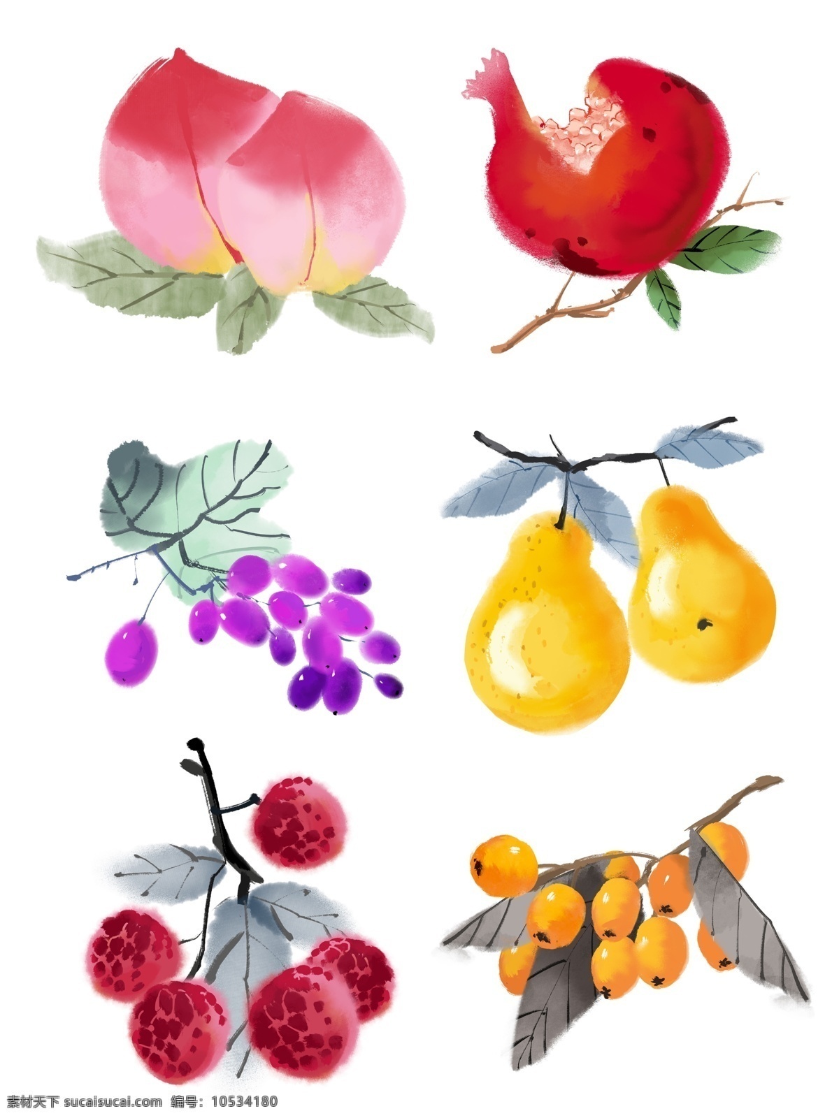 水墨 彩绘 风格 元素 静物 水果 合集 中国风