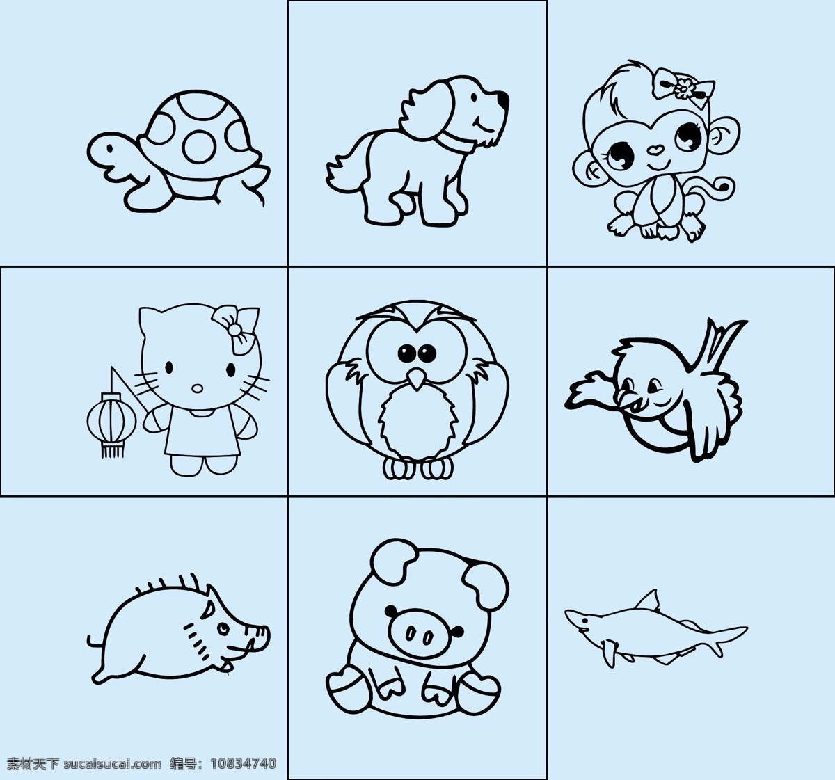 小动物 简笔画 线条图 矢量图 可改动 狗 猴 猫头鹰 鸟 猪 猫 乌龟 动漫动画