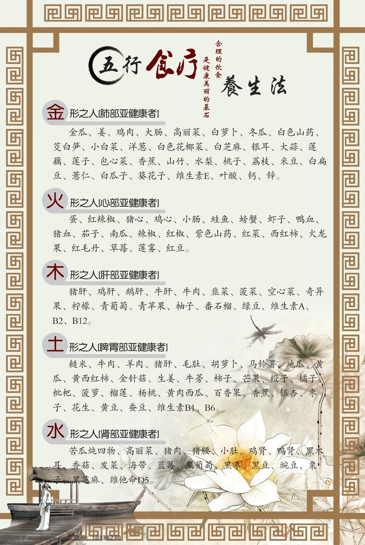 五行 食疗养生 法 中国风 水墨画 边框 船 荷花 蜻蜓 广告设计模板 源文件