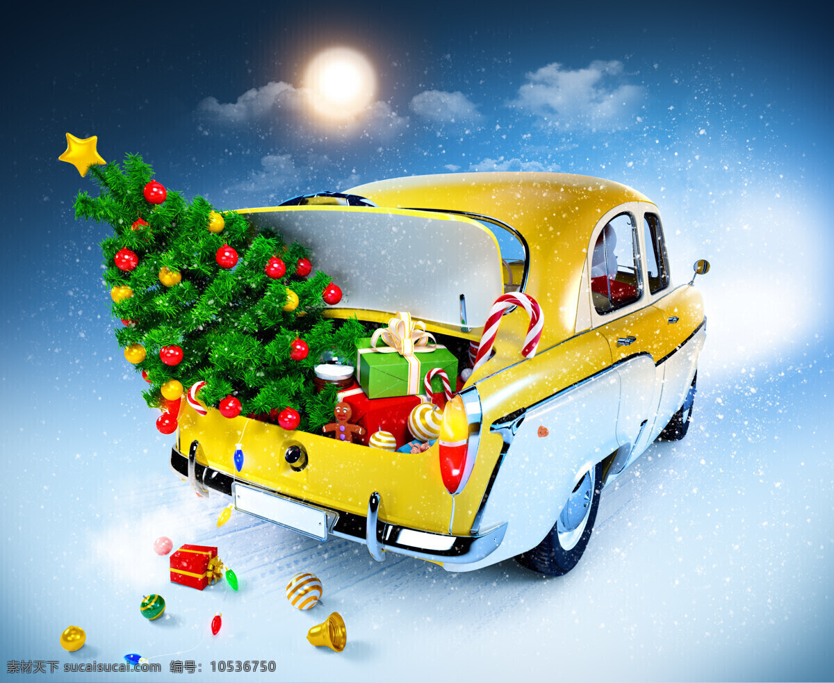 装满 圣诞 物品 汽车 后备箱 圣诞物品 汽车后备箱 铃铛 礼物盒 圣诞树 月亮 圆月 圣诞节 节日 节日庆典 生活百科