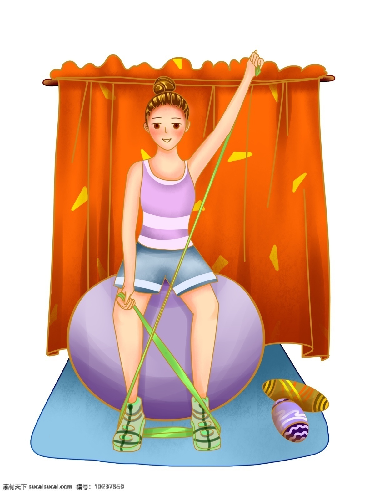 健身球 健身 女孩 插画 运动健身人物 紫色的健身球 黄色的绳子 卡通人物 健身的小女孩 漂亮的小女孩