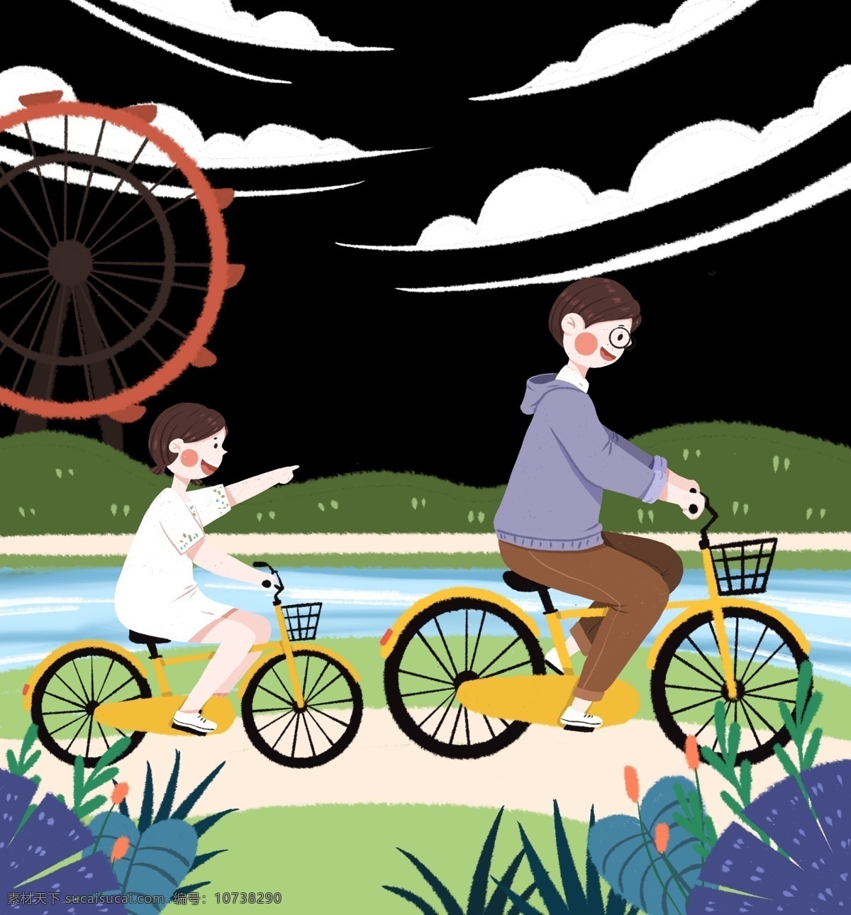 六一儿童节 骑 自行车 玩耍 父女 儿童节 六一 6.1 骑自行车 父亲节 父爱 植物 摩天轮 白云 云朵 小女孩 爸爸 父亲