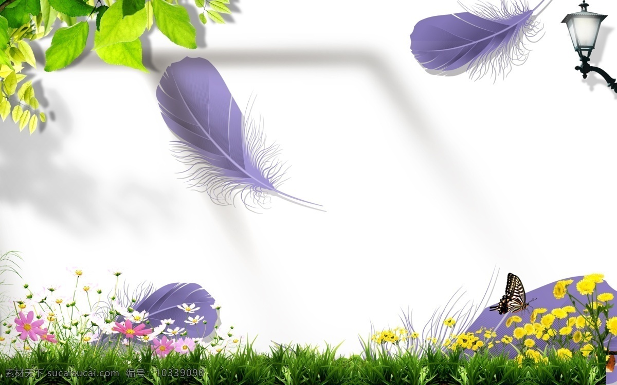 紫色 羽毛 草地 背景 墙 紫色羽毛 背景墙 花 树叶 分层