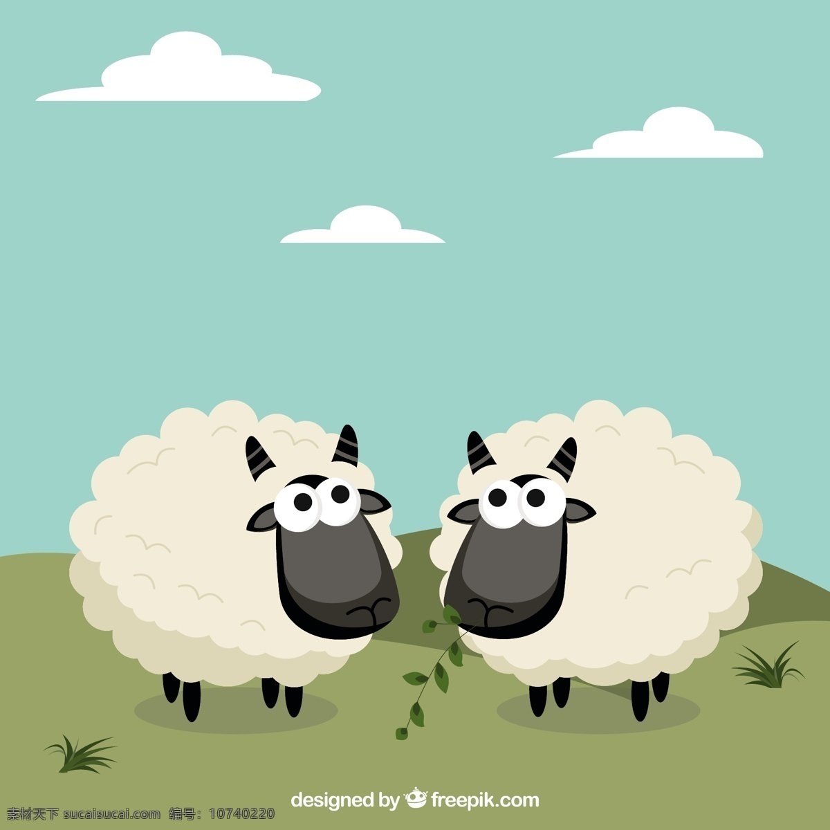 可爱 的卡 通 风格 绵羊 动物 卡通 弹簧 农场 羊的时候 可爱的 农场动物 可爱的动物 卡通动物 春天的时候 吃草 毛茸茸的 青色 天蓝色