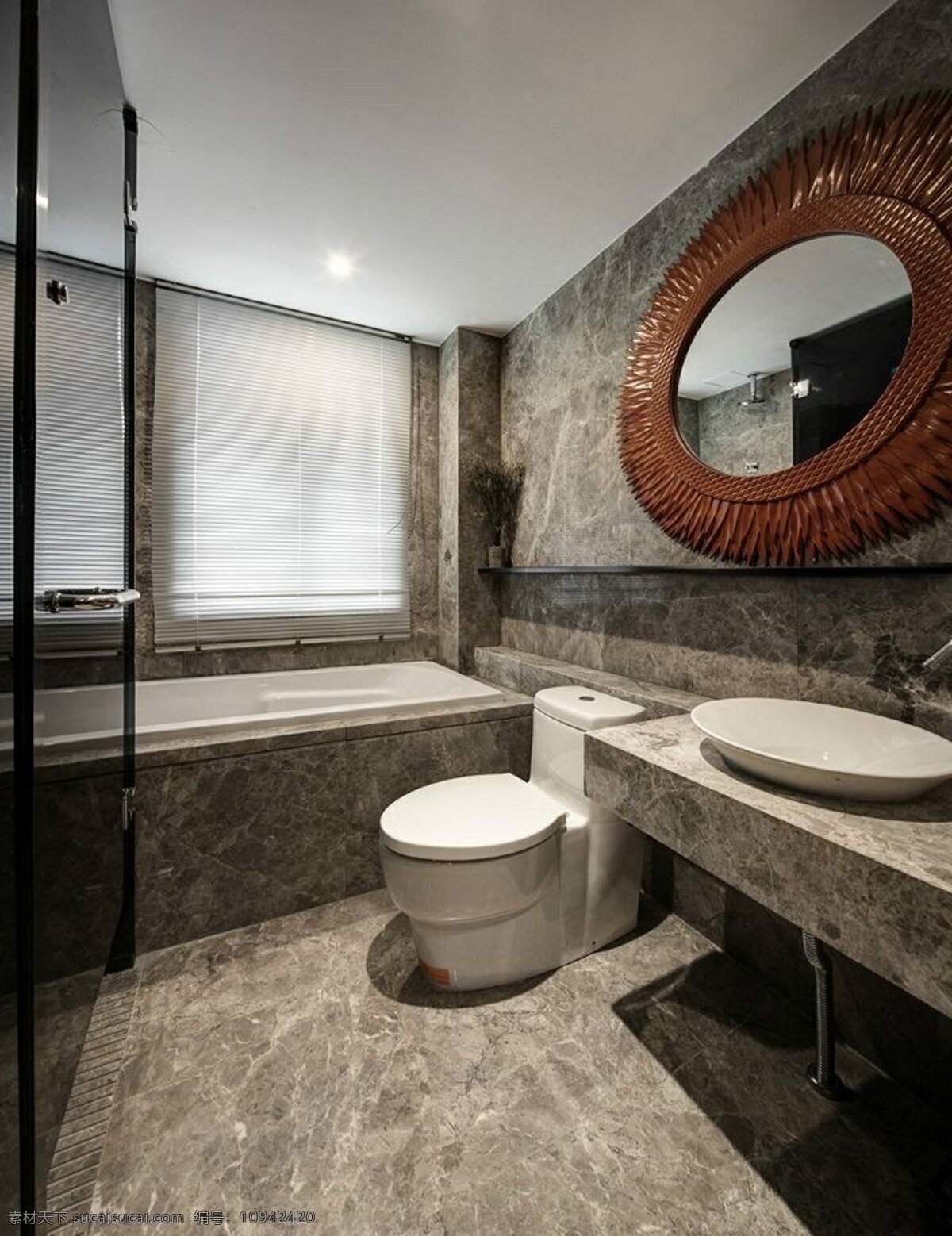 现代 简约 洗手间 圆 镜子 室内装修 效果图 圆镜子 洗手台 大理石地板 浴缸