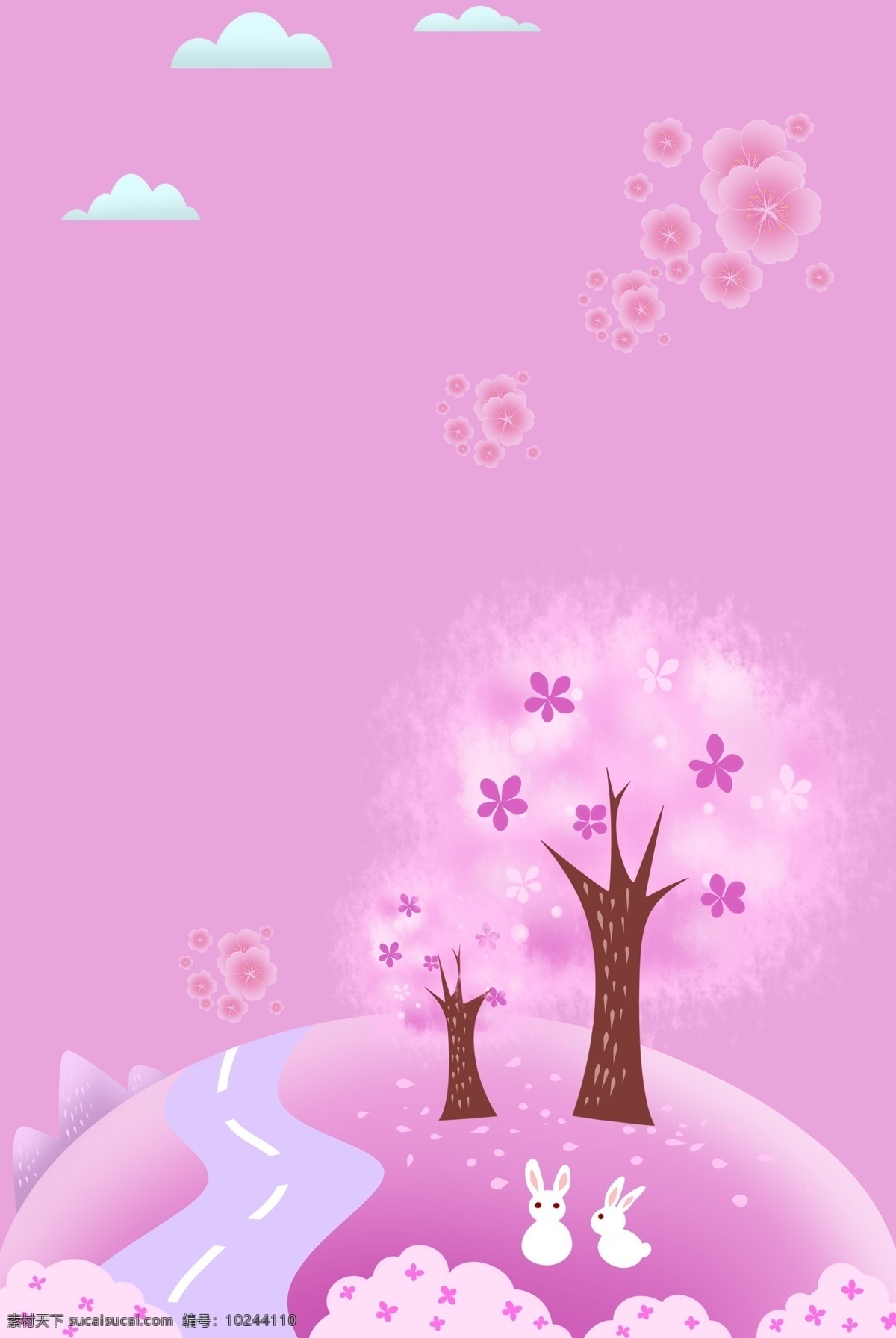 春天 樱花 树下 电商 淘宝 背景 手绘 插画 粉色 樱花树 春分 立春 白兔 情人节 女神节 女王节 淘宝背景