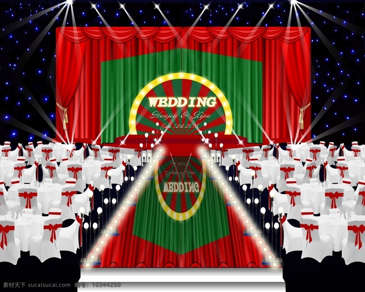 红 绿色 婚礼 舞台设计 婚礼背景 红色 婚礼效果图 灯 镜面 地灯 黑色