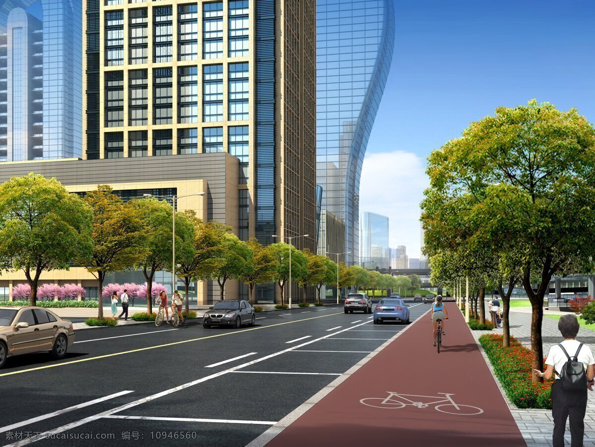 小区 道路 透视 3d设计 3d效果图 玻璃 蓝天 人物 室外模型 效果图 小区道路透视 行道树 自行车标 3d模型素材 建筑模型