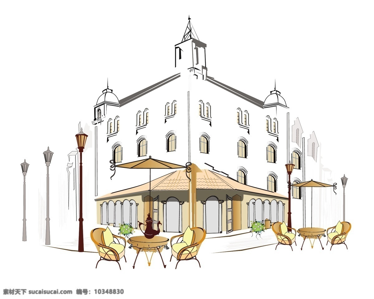 手绘 欧洲 咖啡 矢量 标志 建筑 咖啡厅 阳台 椅子 咖啡馆 发 线 矢量图