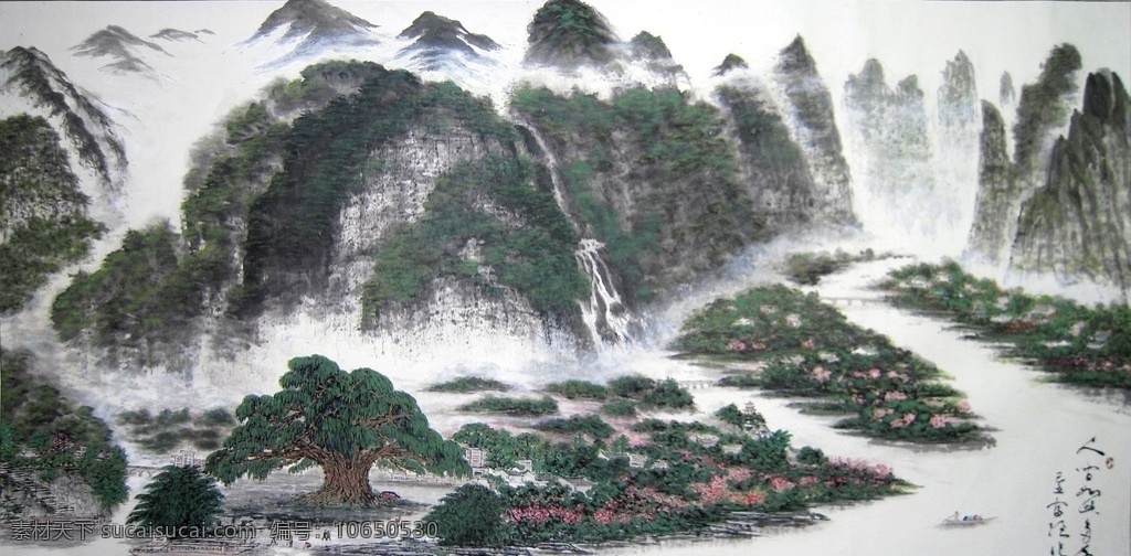 国画 人间如此多娇 大榕树 竹排 小船 晓雾 新农村 蒙山 山水画 江河 帆船 水墨画 风景 画 群山 峻岭 马富强作品 山水 文化艺术 美术绘画 摄影图库 绘画书法