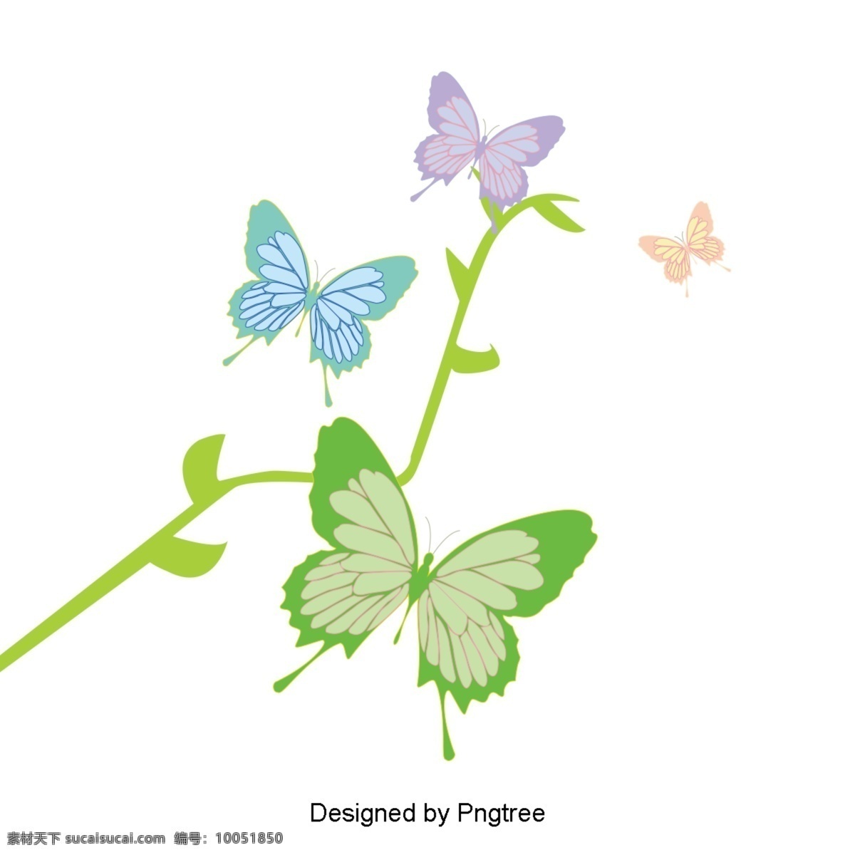 卡通 手绘 美丽 蝴蝶 图案 昆虫 花卉 植物 简单 树枝 颜色 装饰