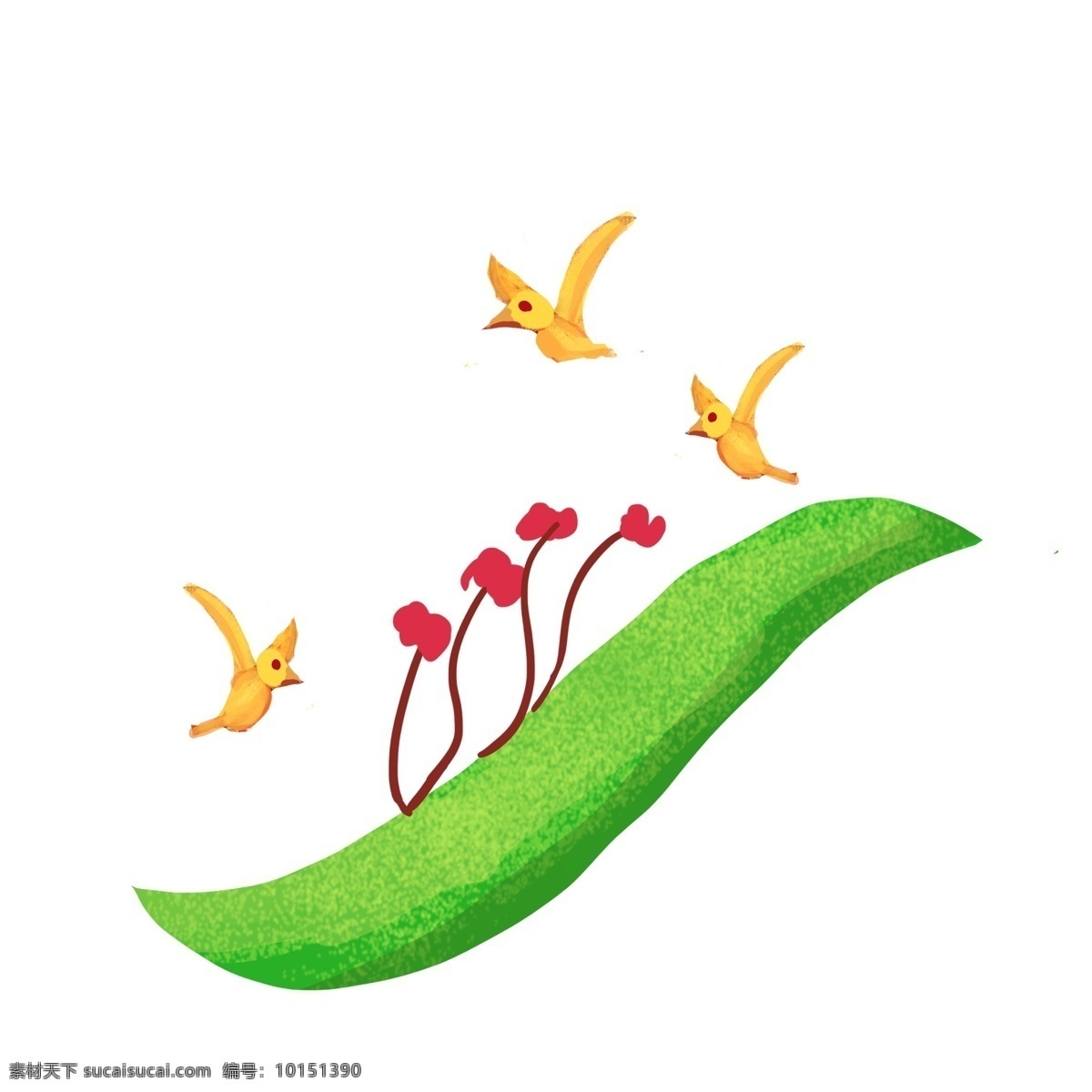 黄色 小鸟 绿叶 装饰 插画 黄色的小鸟 叶子 植物装饰 红色的小花 小动物 飞翔的小鸟 大自然插画